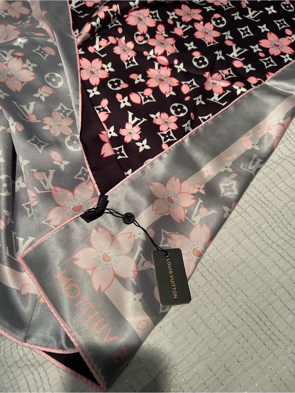 Louis Vuitton Black & Pink Monogram Floral Silk Scarf with Silver Accents - Picture 2 of 4